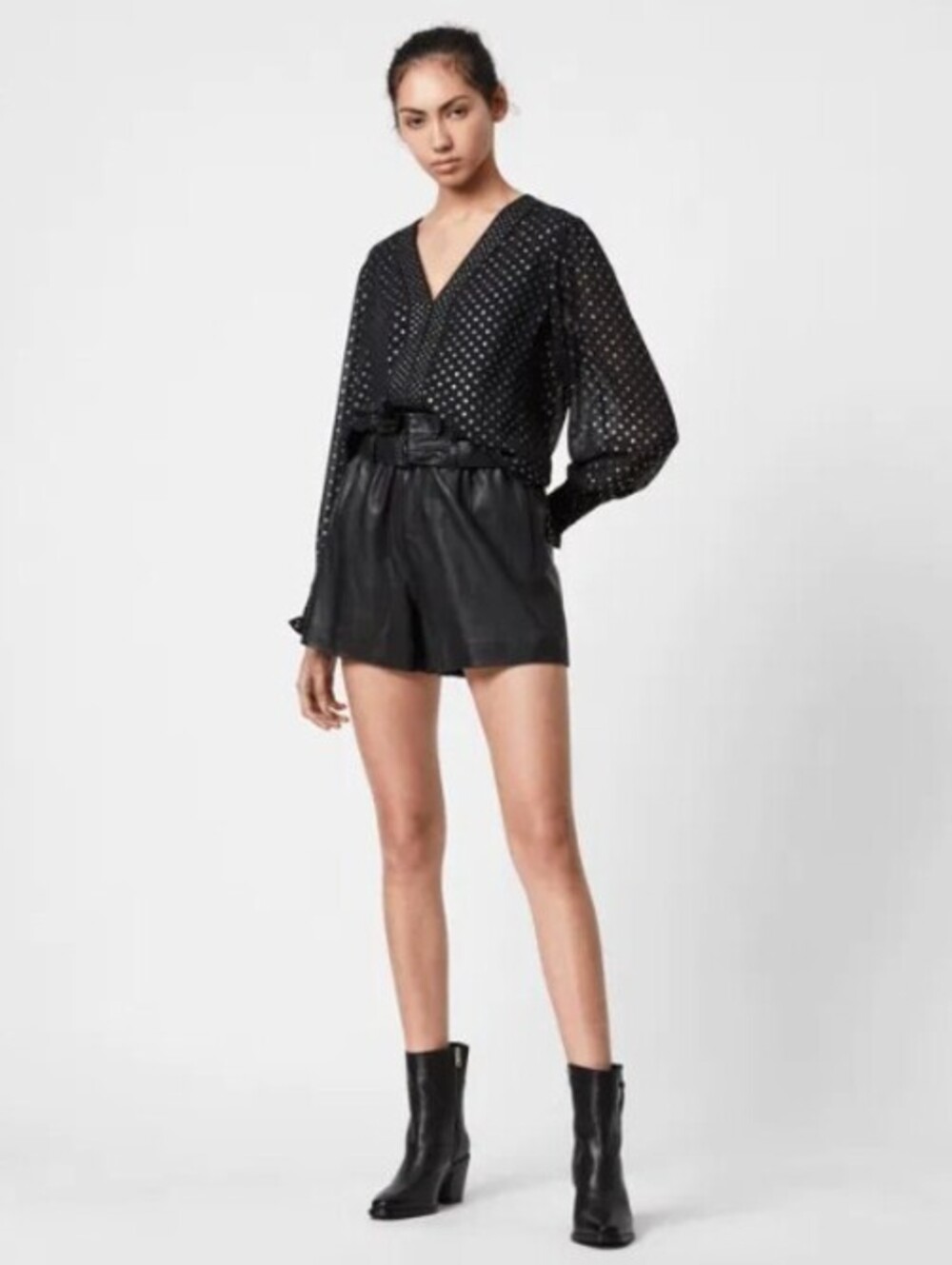 ALLSAINTS Black and Silver Relaxed Fit Tenaya Dot Blouse - Size - 2